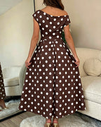 Women's Skew Neck Polka Dot Maxi Dress Ruched A-Line Swing Dress Elegant Party Cocktail Dress with Pockets