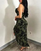 Women's Vintage Flocking Floral Maxi Dress Sexy Cowl Neck Cami Dress High Slit Backless Bodycon Evening Gown