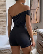 Women's Foldover One Shoulder Romper Slim Fit Sleeveless High Waist Romper