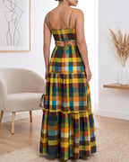 Women's Colorblock Plaid Hollow-out Maxi Dress V Neck Backless Ruffle Cami Dress Casual Shirred Beach Sundress
