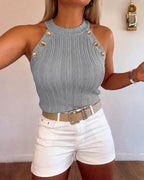 Women's Halter Neck Knit Tank Top Gold Button Cable Knit Vest Sleeveless Slim Fit Ribbed Top