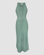 Halter Tie Criss Cross Front Ruched Knit Jacquard Textured Slit Dress Casual Hollow-out Draped Vacation Dress