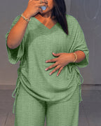 Women's Textured 2 Piece Outfits V Neck Drawstring Ruched Top and Wide Leg Pants Set Casual Loose Loungewear