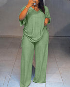 Women's Textured 2 Piece Outfits V Neck Drawstring Ruched Top and Wide Leg Pants Set Casual Loose Loungewear