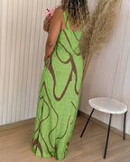 Abstract Print Square Neck Thick Strap Maxi Dress Elegant Side Slit Vacation Dress