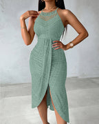 Halter Tie Criss Cross Front Ruched Knit Jacquard Textured Slit Dress Casual Hollow-out Draped Vacation Dress