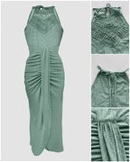 Halter Tie Criss Cross Front Ruched Knit Jacquard Textured Slit Dress Casual Hollow-out Draped Vacation Dress