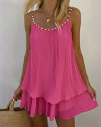 Women's Pearls Embellished Straps Mini Dress Backless Pleated Dress Casual Double Layer Lettuce Trim Cami Sun Dress