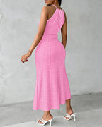 Halter Tie Criss Cross Front Ruched Knit Jacquard Textured Slit Dress Casual Hollow-out Draped Vacation Dress