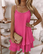 Women's Pearls Embellished Straps Mini Dress Backless Pleated Dress Casual Double Layer Lettuce Trim Cami Sun Dress