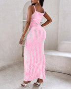 Women's Striped Ribbed Knit Maxi Dress Slim Fit Sleeveless Cami Dress Beach Vacation Sundress