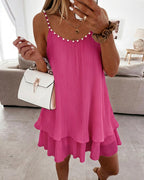 Women's Pearls Embellished Straps Mini Dress Backless Pleated Dress Casual Double Layer Lettuce Trim Cami Sun Dress