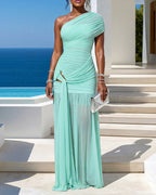 Women's One Shoulder Ruched Mesh Maxi Dress Gold Buckle High Slit Bodycon Evening Gown Dress
