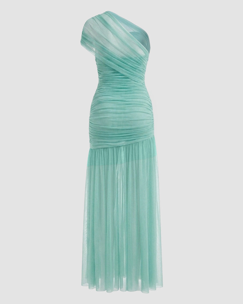 Women's One Shoulder Ruched Mesh Maxi Dress Gold Buckle High Slit Bodycon Evening Gown Dress