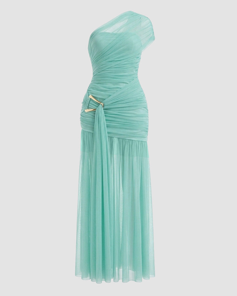 Women's One Shoulder Ruched Mesh Maxi Dress Gold Buckle High Slit Bodycon Evening Gown Dress