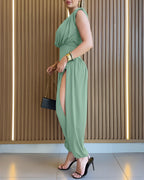 Padded Shoulders Sleeveless Cinched Waist Side High Slit Overalls Casual Hollow-out Back Ruched Jumpsuit