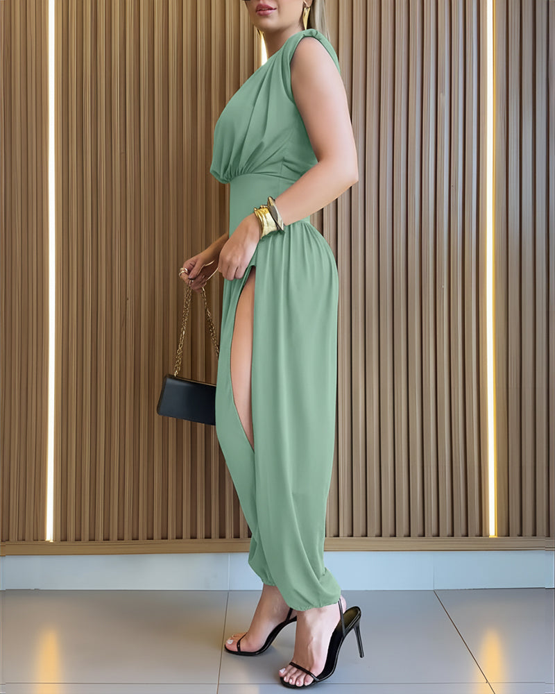 Padded Shoulders Sleeveless Cinched Waist Side High Slit Overalls Casual Hollow-out Back Ruched Jumpsuit