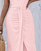 Halter Tie Criss Cross Front Ruched Knit Jacquard Textured Slit Dress Casual Hollow-out Draped Vacation Dress