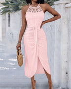 Halter Tie Criss Cross Front Ruched Knit Jacquard Textured Slit Dress Casual Hollow-out Draped Vacation Dress