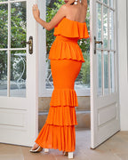 Layered Ruffle Shirred Slim Fit Strapless Dress Textured Maxi Party Dress
