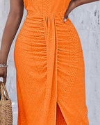 Halter Tie Criss Cross Front Ruched Knit Jacquard Textured Slit Dress Casual Hollow-out Draped Vacation Dress