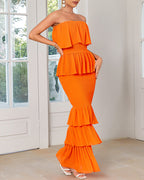 Layered Ruffle Shirred Slim Fit Strapless Dress Textured Maxi Party Dress