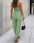 Women's Chain Decor Straps Jumpsuit Hollow Out Shirred Waist Overalls Casual Jogger Jumpsuit with Pockets