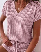 Women's Ribbed Knit 2 Piece Outfits V Neck Short Sleeve Top and Drawstring Shorts Set Casual Lounge Suits with Pockets