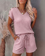 Women's Ribbed Knit 2 Piece Outfits V Neck Short Sleeve Top and Drawstring Shorts Set Casual Lounge Suits with Pockets