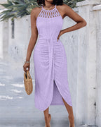 Halter Tie Criss Cross Front Ruched Knit Jacquard Textured Slit Dress Casual Hollow-out Draped Vacation Dress