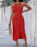 Halter Tie Criss Cross Front Ruched Knit Jacquard Textured Slit Dress Casual Hollow-out Draped Vacation Dress