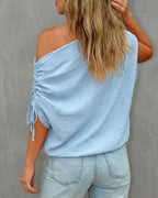 Skew Neck Drawstring Sleeve Loose Fit Casual Top