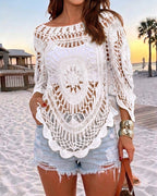 Women's Crochet Hollow Out Knit Top Batwing Sleeve Loose Cover Up Asymmetric Hem Sheer Bohemian Knitwear