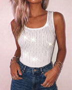 Rhinestone Decor U-Neck Sleeveless Tee Slim Fit Backless Ribbed Tank Top