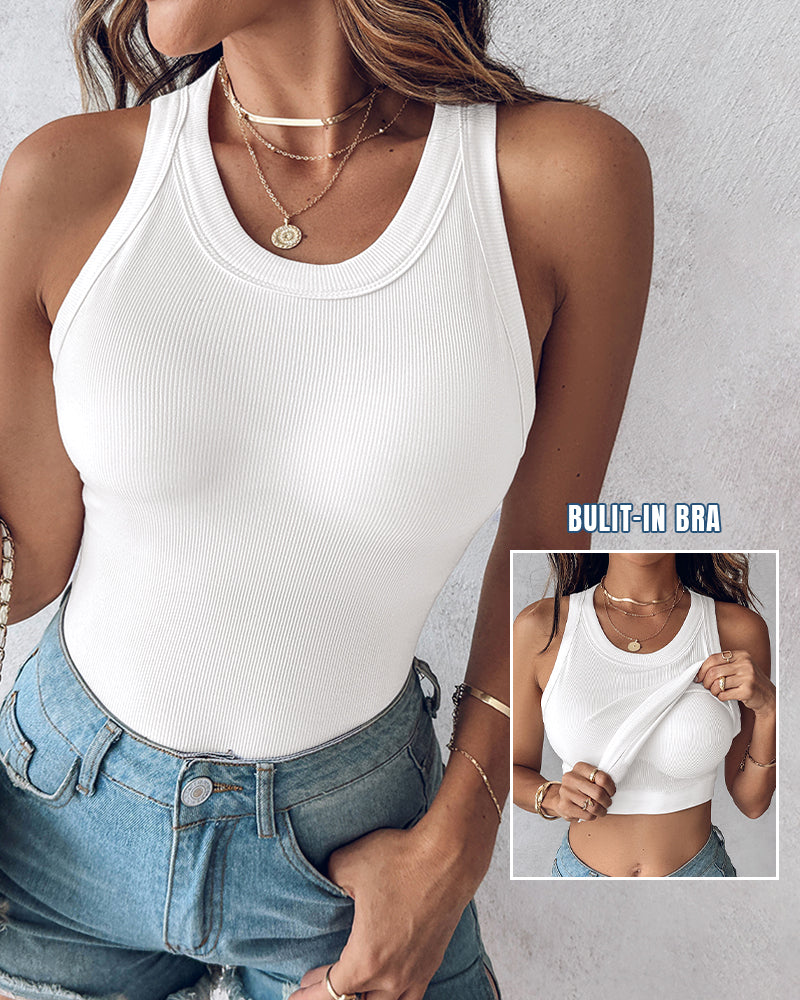 Built-in Bra Ribbed Round Neck Tank Top
