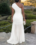 Women's One Shoulder Ruched Mesh Maxi Dress Gold Buckle High Slit Bodycon Evening Gown Dress