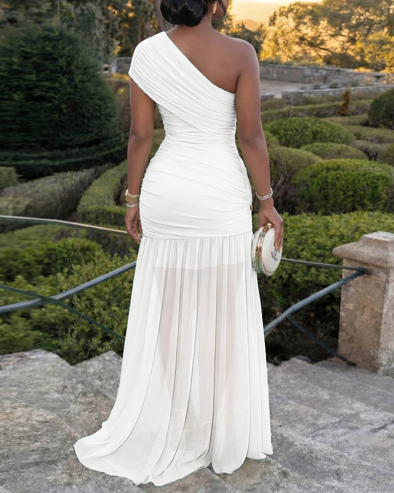 Women's One Shoulder Ruched Mesh Maxi Dress Gold Buckle High Slit Bodycon Evening Gown Dress