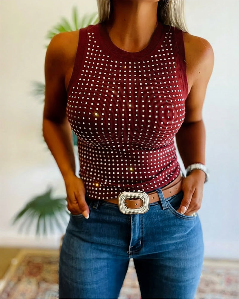 Rhinestone Decor O-neck Sleeveless Tee Slim Fit Ribbed Tank Top