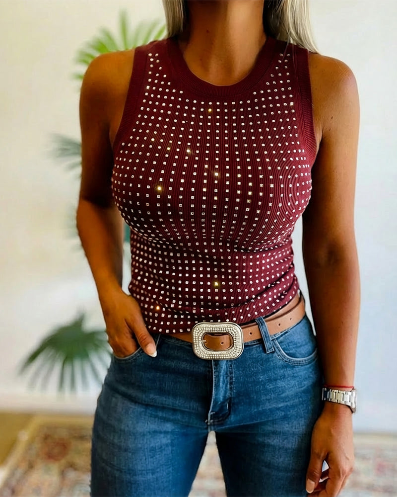 Rhinestone Decor O-neck Sleeveless Tee Slim Fit Ribbed Tank Top