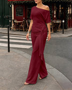 Women's Skew Neck 2 Piece Outfits Ruched Tie Waist Short Sleeve Top and High Waisted Wide Leg Pants Lounge Set