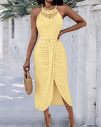Halter Tie Criss Cross Front Ruched Knit Jacquard Textured Slit Dress Casual Hollow-out Draped Vacation Dress