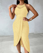 Halter Tie Criss Cross Front Ruched Knit Jacquard Textured Slit Dress Casual Hollow-out Draped Vacation Dress