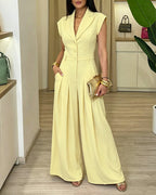 Women's Lapel V Neck Jumpsuit Cap Sleeve High Waisted Wide Leg Overalls Elegant Suit Jumpsuit