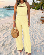 Women's Halter Tie Knit Jacquard Jumpsuit Hollow-Out Criss-Cross Front Shirred Wide-Leg Overalls
